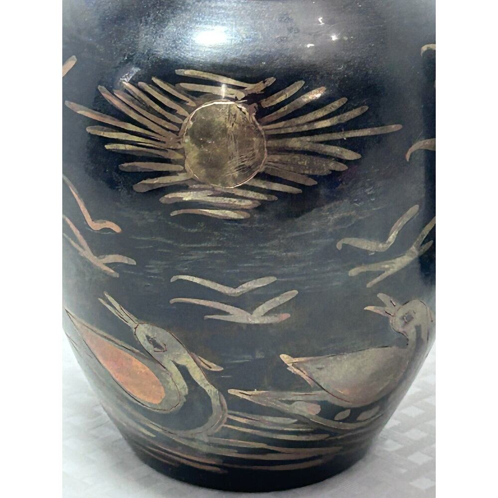 2 Vintage Tricolor Brass Swan Ginger Jar Urn Metal Lake Scene Asian Sunset India - Picture 11 of 13